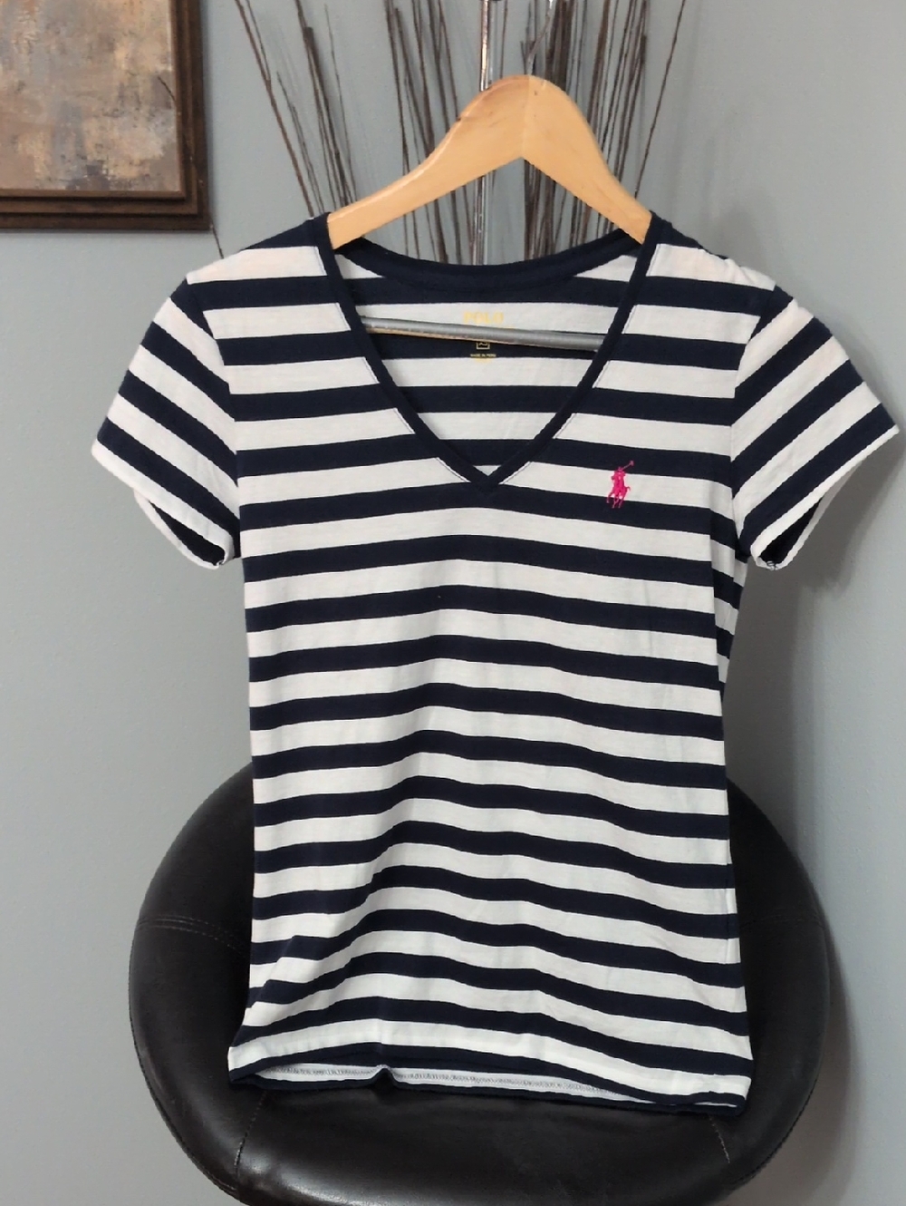 Polo Ralph Lauren Navy & White Striped V-Neck Tee with Pink Polo Pony